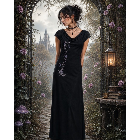 ecru Dresses & Skirts - Vintage Ecru Black Purple Floral Whimsygoth Gothic Dark Romantic Maxi Dress Sz M